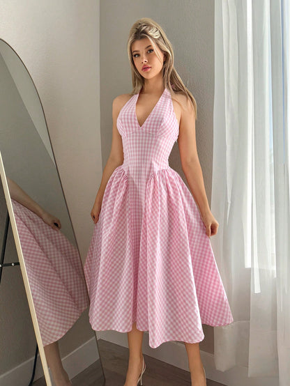 Sweetina Women's Tie Back Plaid Casual Cute Dress,Polka Dot Dress Vacation White And Pink Summer