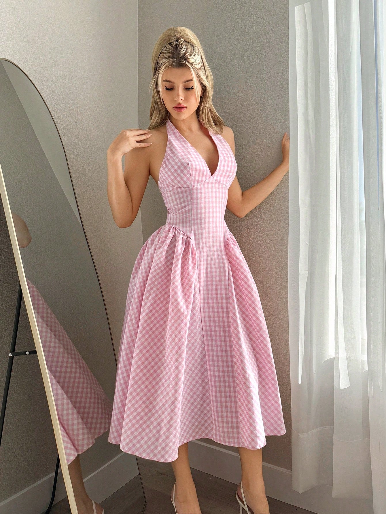 Sweetina Women's Tie Back Plaid Casual Cute Dress,Polka Dot Dress Vacation White And Pink Summer