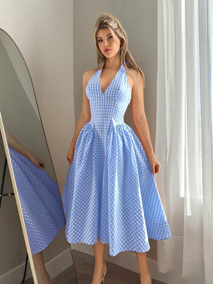 Sweetina Women's Tie Back Plaid Casual Cute Dress,Polka Dot Dress Vacation White And Pink Summer