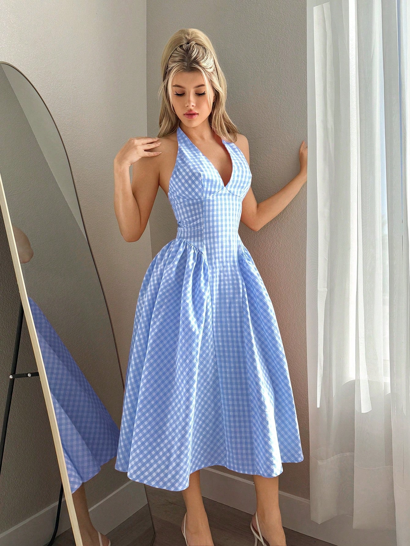 Sweetina Women's Tie Back Plaid Casual Cute Dress,Polka Dot Dress Vacation White And Pink Summer