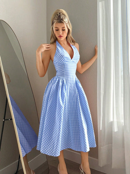 Sweetina Women's Tie Back Plaid Casual Cute Dress,Polka Dot Dress Vacation White And Pink Summer