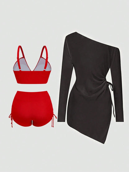 Sweetra 2026 New Summer Beach Vacation Casual Plus Size Women Bikini Set Set With Cover-Up Dress