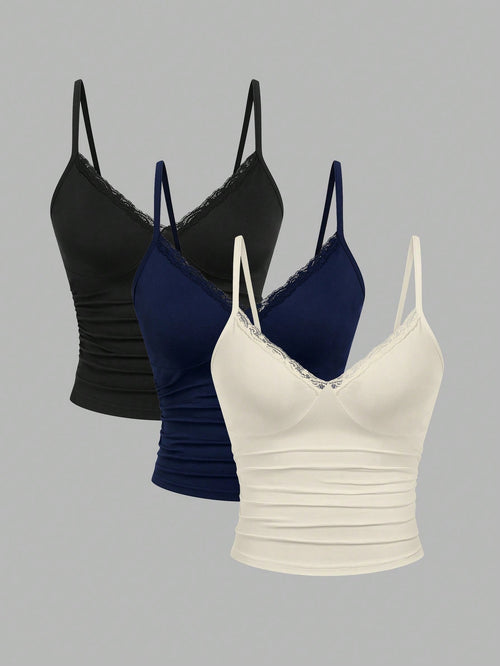 Sweetra 3pcs Plus Size Women Lace Camisole Top Set, Casual & Comfortable