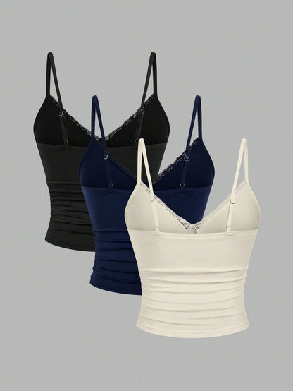 Sweetra 3pcs Plus Size Women Lace Camisole Top Set, Casual & Comfortable