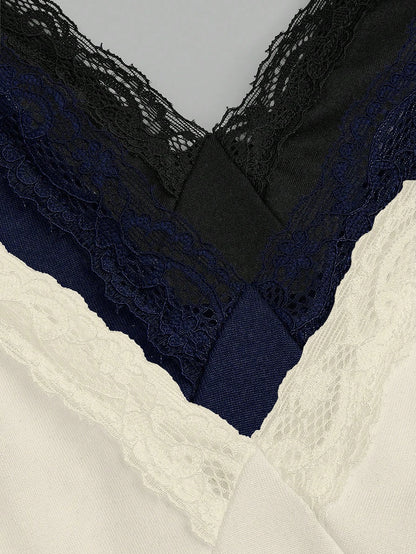 Sweetra 3pcs Plus Size Women Lace Camisole Top Set, Casual & Comfortable