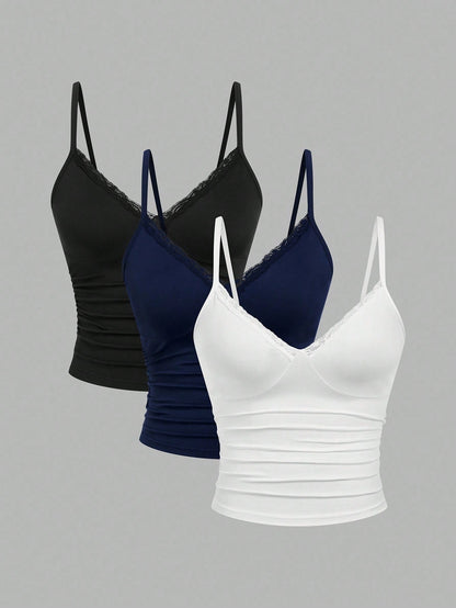 Sweetra 3pcs Plus Size Women Lace Camisole Top Set, Casual & Comfortable