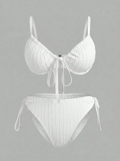 Sweetra CURVE Plus Size Women Underwired Lace-Up Casual Vacation Bikini Set For Summer Beach White