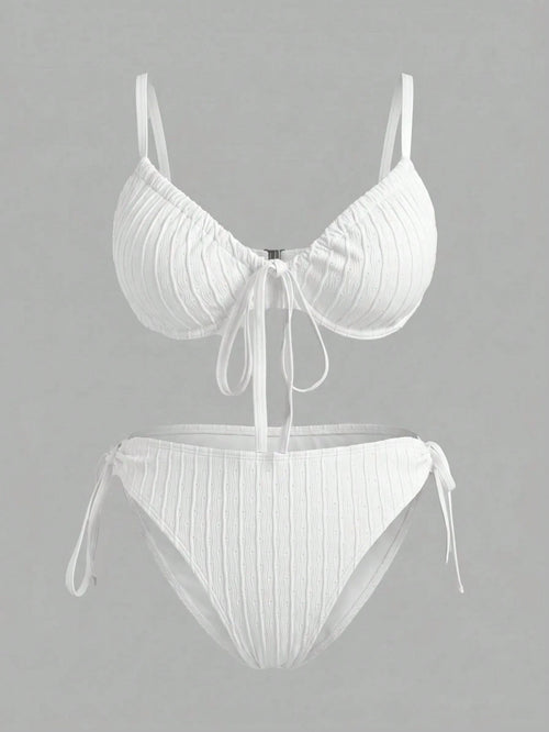 Sweetra CURVE Plus Size Women Underwired Lace-Up Casual Vacation Bikini Set For Summer Beach White