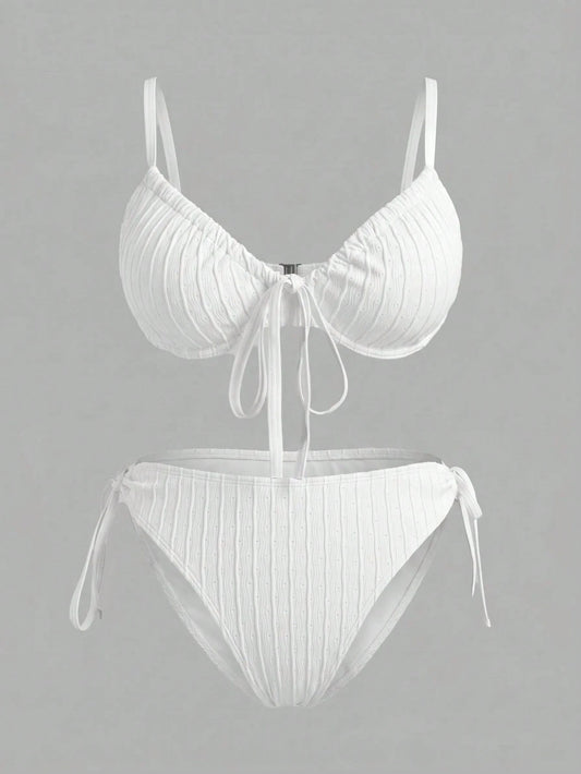 Sweetra CURVE Plus Size Women Underwired Lace-Up Casual Vacation Bikini Set For Summer Beach White