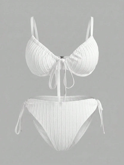 Sweetra CURVE Plus Size Women Underwired Lace-Up Casual Vacation Bikini Set For Summer Beach White