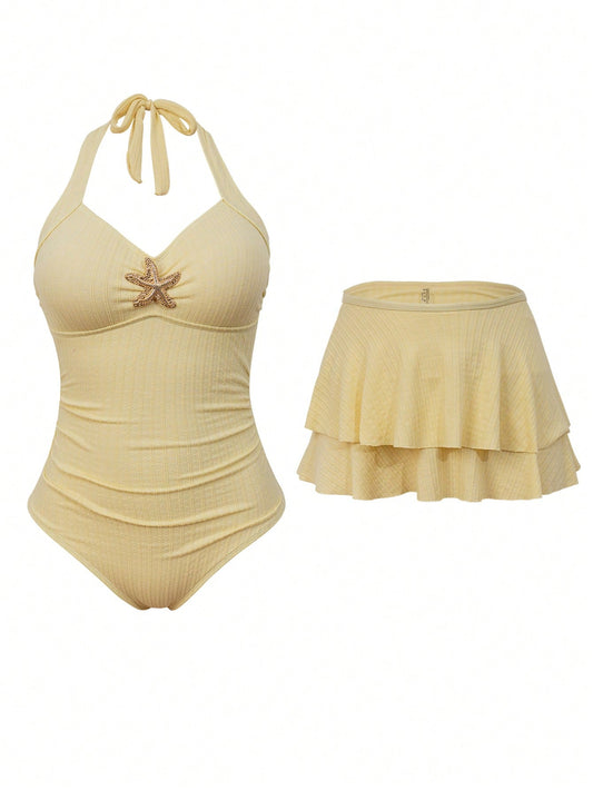 Sweetra Plus Size Women 2pcs Swimsuit Set, Summer Holiday Special Fabric Metallic Starfish Decor Halter One-Piece Swimsuit With Cover-Up & Skirt