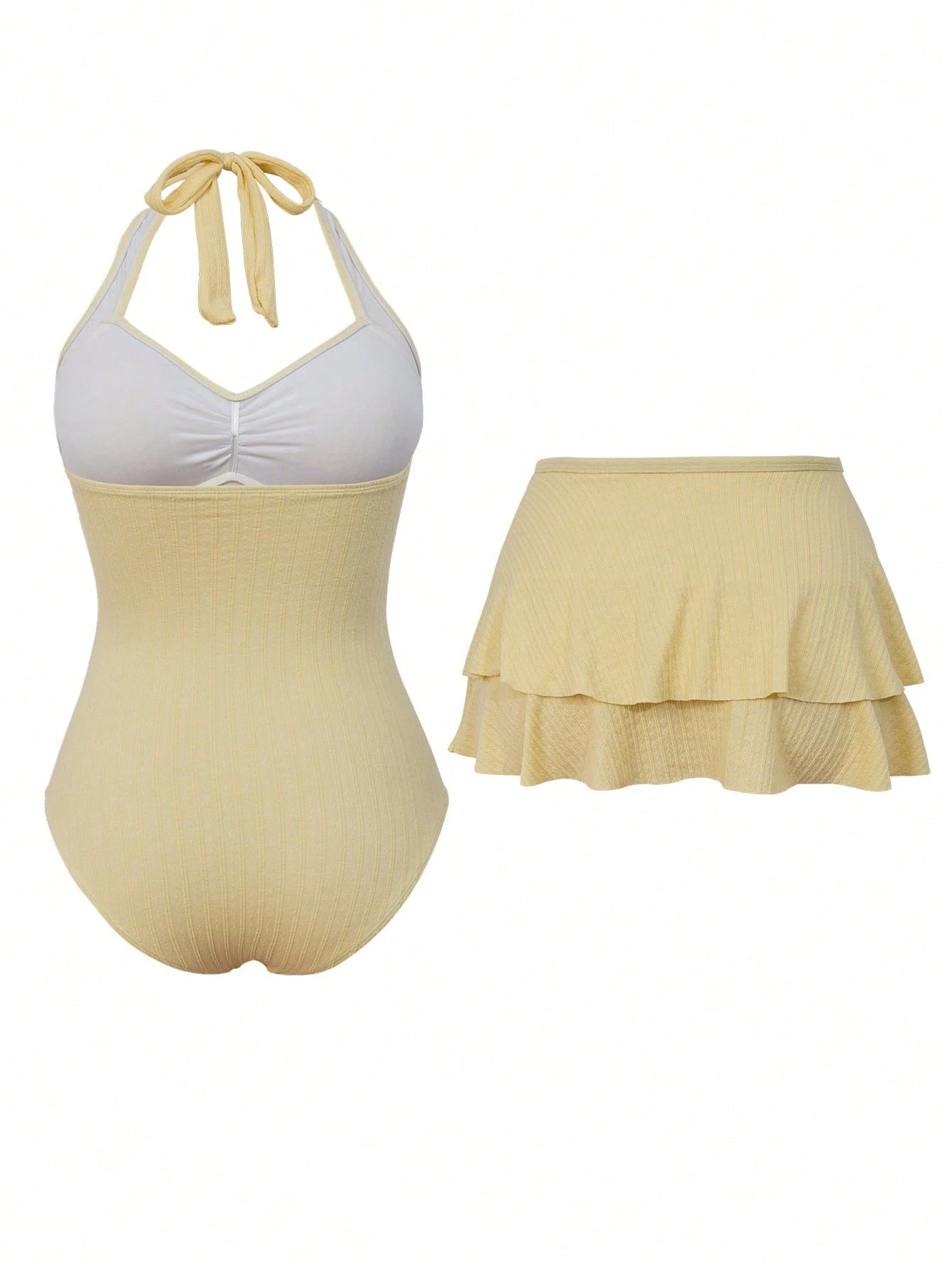 Sweetra Plus Size Women 2pcs Swimsuit Set, Summer Holiday Special Fabric Metallic Starfish Decor Halter One-Piece Swimsuit With Cover-Up & Skirt