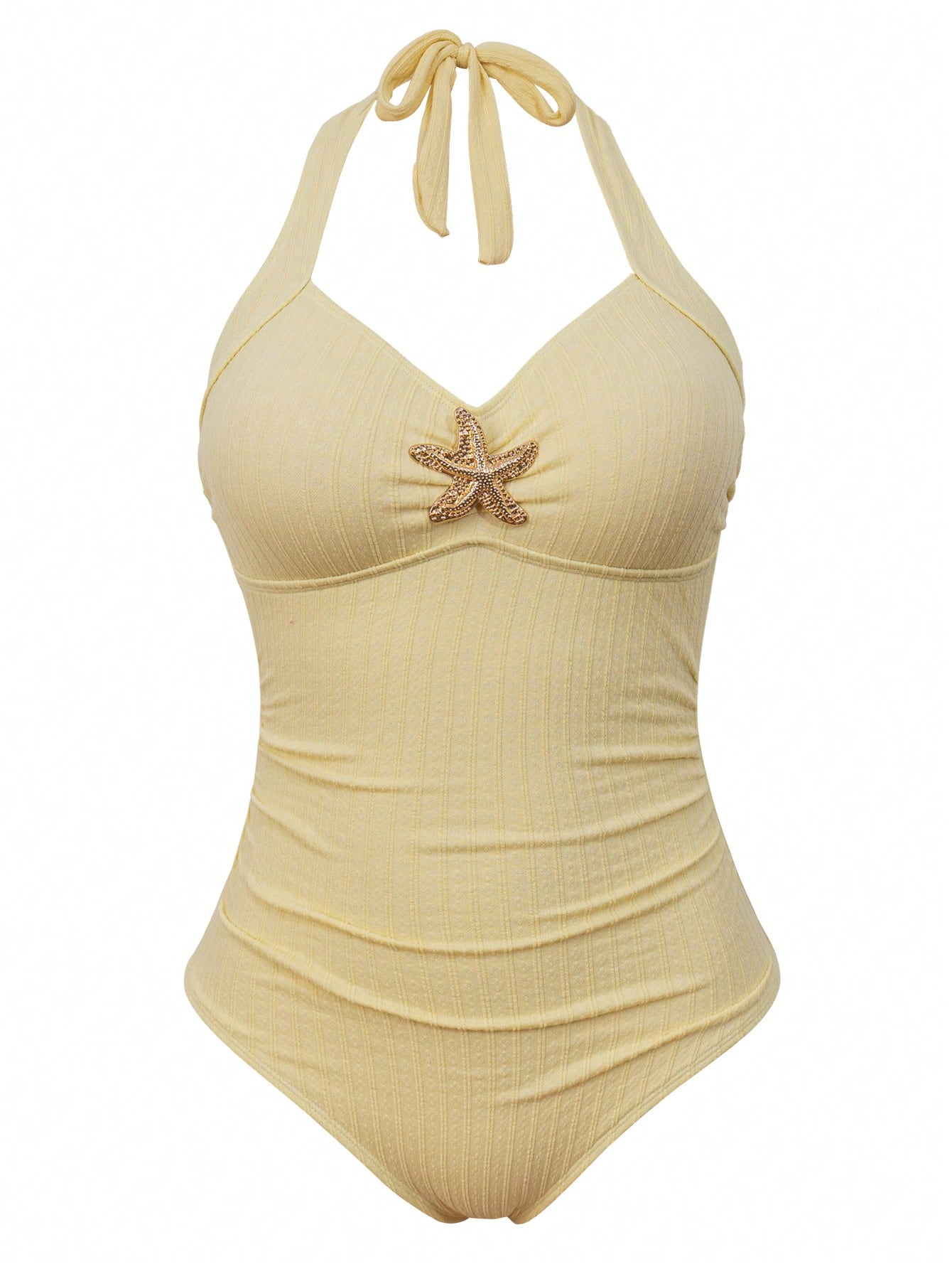Sweetra Plus Size Women 2pcs Swimsuit Set, Summer Holiday Special Fabric Metallic Starfish Decor Halter One-Piece Swimsuit With Cover-Up & Skirt