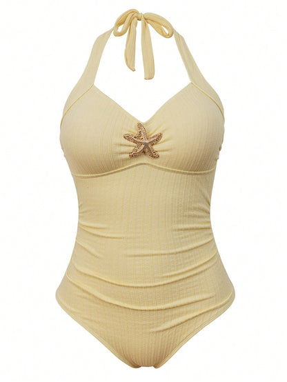 Sweetra Plus Size Women 2pcs Swimsuit Set, Summer Holiday Special Fabric Metallic Starfish Decor Halter One-Piece Swimsuit With Cover-Up & Skirt