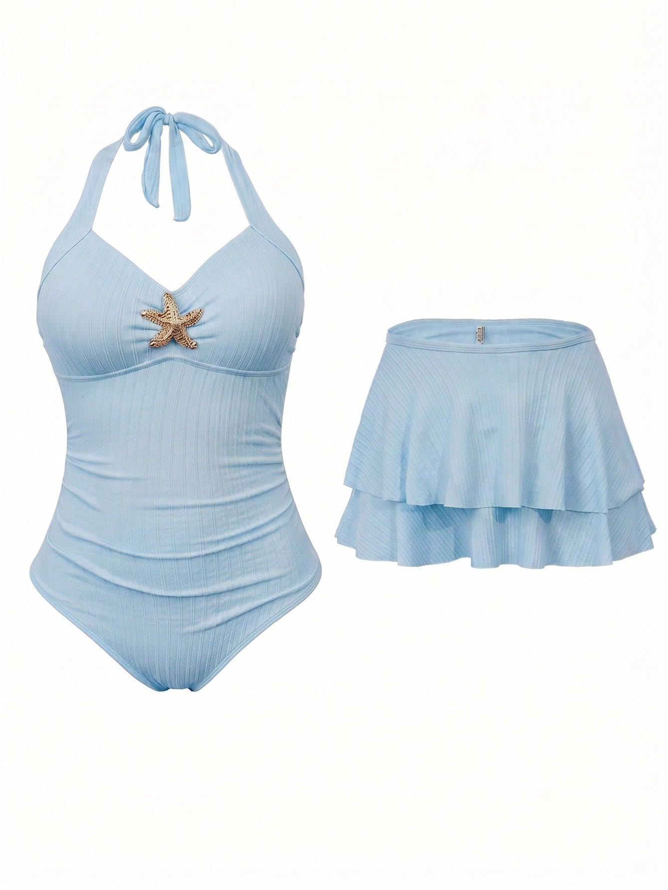Sweetra Plus Size Women 2pcs Swimsuit Set, Summer Holiday Special Fabric Metallic Starfish Decor Halter One-Piece Swimsuit With Cover-Up & Skirt