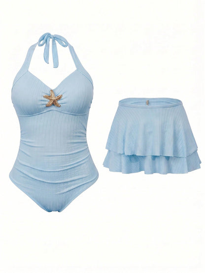 Sweetra Plus Size Women 2pcs Swimsuit Set, Summer Holiday Special Fabric Metallic Starfish Decor Halter One-Piece Swimsuit With Cover-Up & Skirt