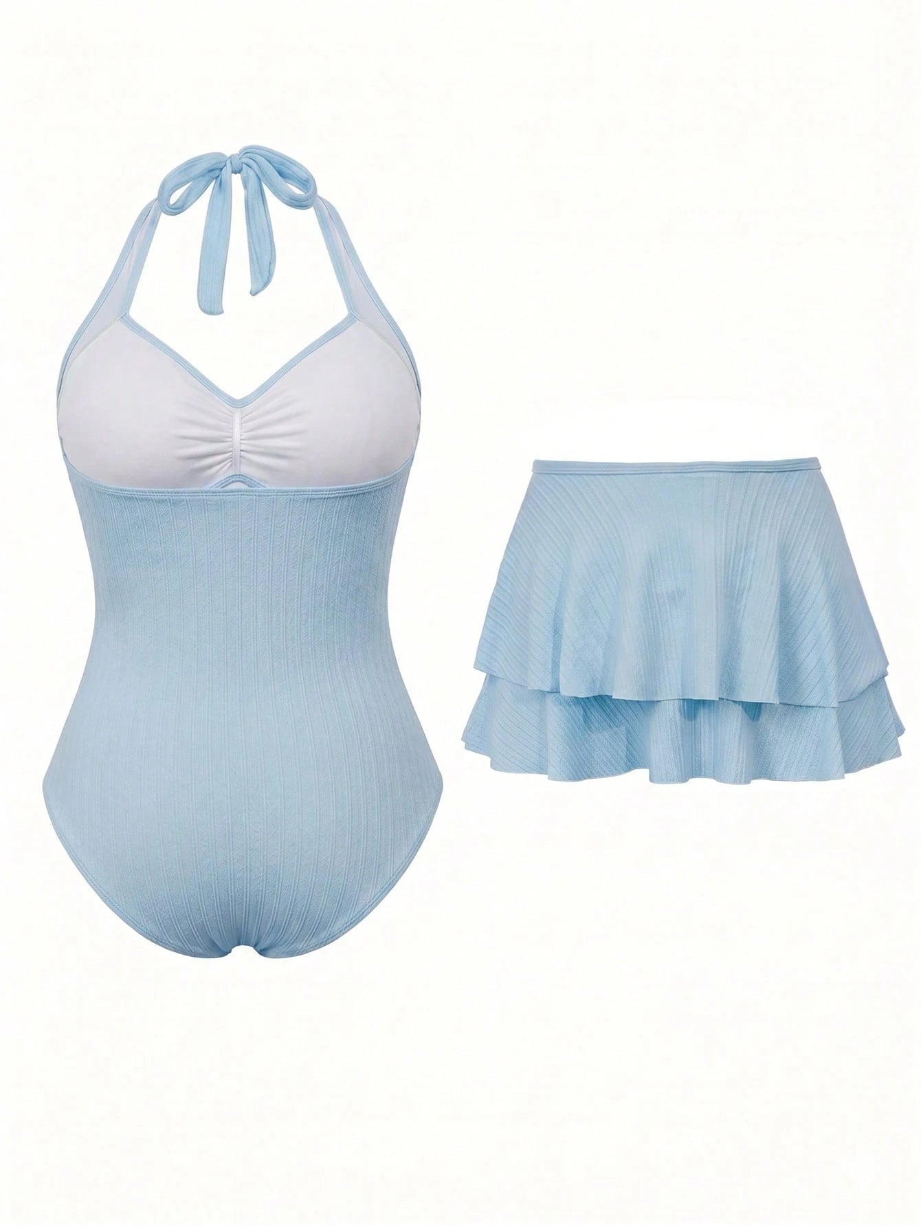 Sweetra Plus Size Women 2pcs Swimsuit Set, Summer Holiday Special Fabric Metallic Starfish Decor Halter One-Piece Swimsuit With Cover-Up & Skirt