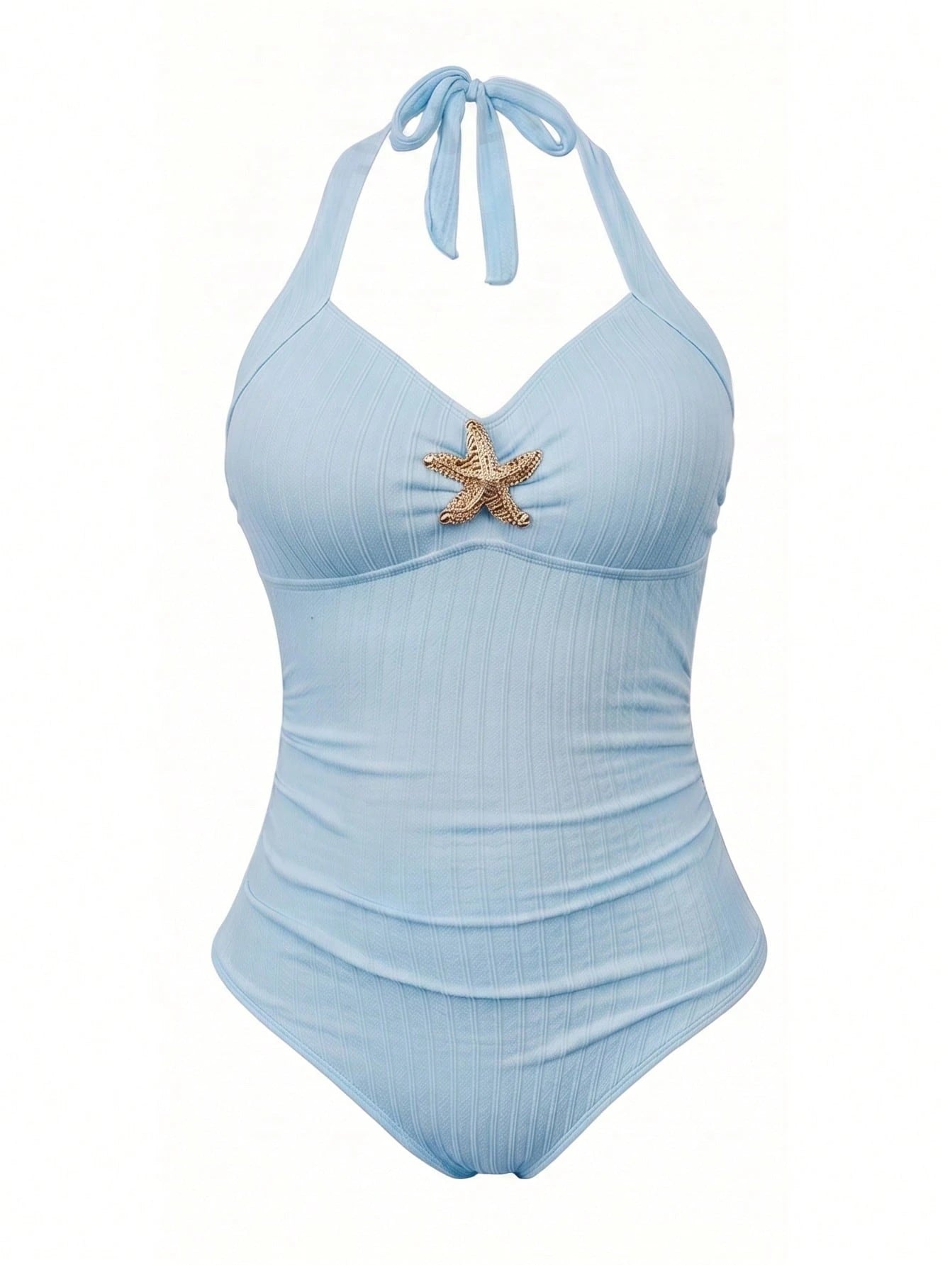 Sweetra Plus Size Women 2pcs Swimsuit Set, Summer Holiday Special Fabric Metallic Starfish Decor Halter One-Piece Swimsuit With Cover-Up & Skirt
