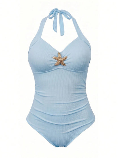 Sweetra Plus Size Women 2pcs Swimsuit Set, Summer Holiday Special Fabric Metallic Starfish Decor Halter One-Piece Swimsuit With Cover-Up & Skirt