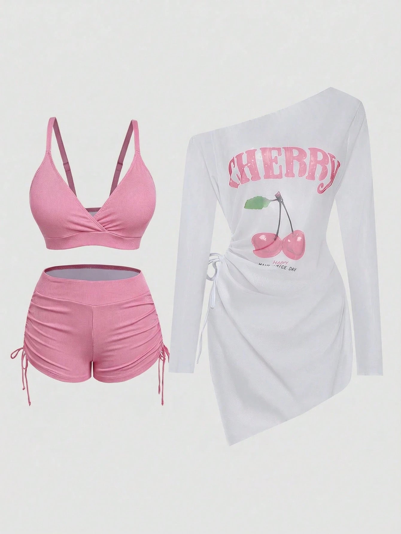 Sweetra Plus Size Women Summer Beach Solid Color Casual Bikini Set With Cherry Print Chiffon Dress
