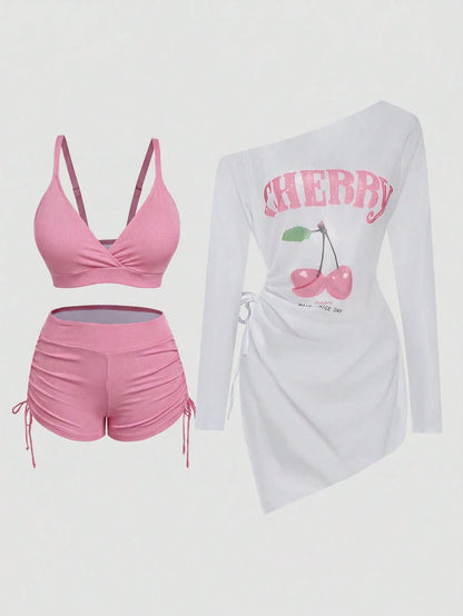 Sweetra Plus Size Women Summer Beach Solid Color Casual Bikini Set With Cherry Print Chiffon Dress