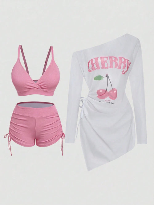 Sweetra Plus Size Women Summer Beach Solid Color Casual Bikini Set With Cherry Print Chiffon Dress