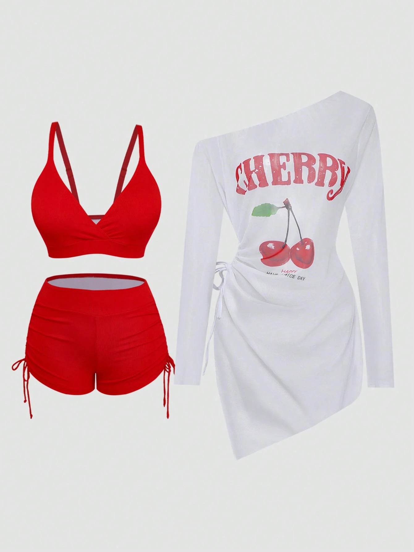 Sweetra Plus Size Women Summer Beach Solid Color Casual Bikini Set With Cherry Print Chiffon Dress
