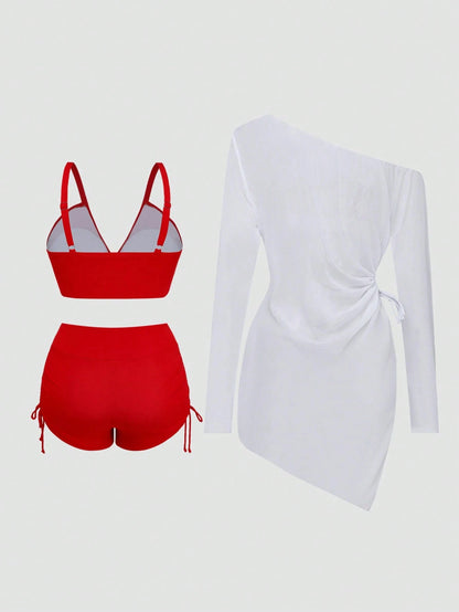Sweetra Plus Size Women Summer Beach Solid Color Casual Bikini Set With Cherry Print Chiffon Dress