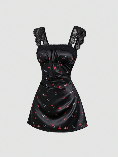 Sweetra Summer Fashion New Design French Romantic Retro Contrast Lace Cinched Waist Rose Ditsy Floral Short Dress For Women