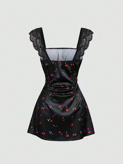 Sweetra Summer Fashion New Design French Romantic Retro Contrast Lace Cinched Waist Rose Ditsy Floral Short Dress For Women
