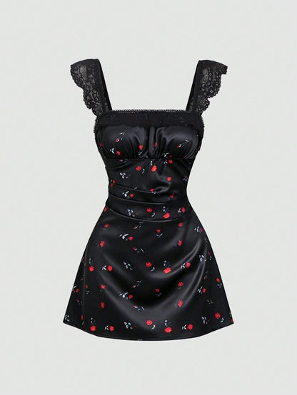 Sweetra Summer Fashion New Design French Romantic Retro Contrast Lace Cinched Waist Rose Ditsy Floral Short Dress For Women