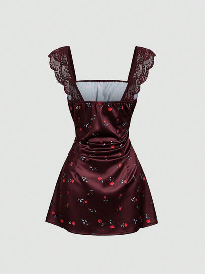 Sweetra Summer Fashion New Design French Romantic Retro Contrast Lace Cinched Waist Rose Ditsy Floral Short Dress For Women