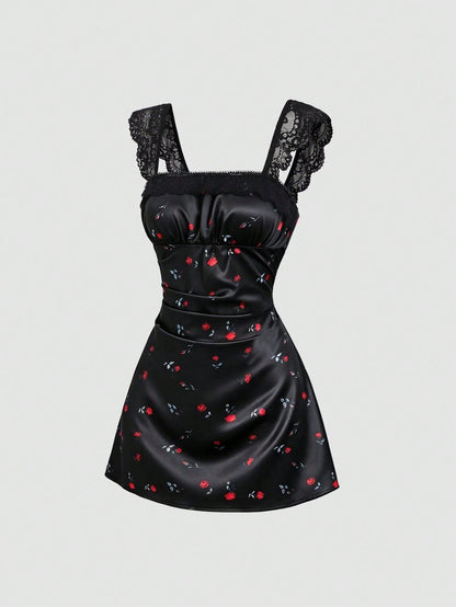 Sweetra Summer Fashion New Design French Romantic Retro Contrast Lace Cinched Waist Rose Ditsy Floral Short Dress For Women