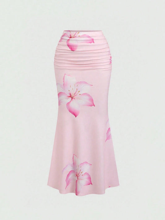 Sweetra Women's All-Over Floral Print Ruched A-Line Skirt, Casual Vacation Maxi Skirt Fall Cloth For Women