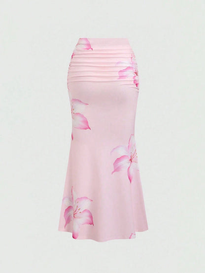 Sweetra Women's All-Over Floral Print Ruched A-Line Skirt, Casual Vacation Maxi Skirt Fall Cloth For Women