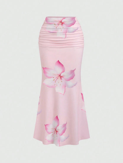 Sweetra Women's All-Over Floral Print Ruched A-Line Skirt, Casual Vacation Maxi Skirt Fall Cloth For Women