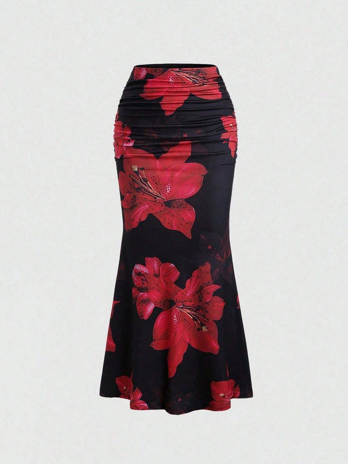 Sweetra Women's All-Over Floral Print Ruched A-Line Skirt, Casual Vacation Maxi Skirt Fall Cloth For Women