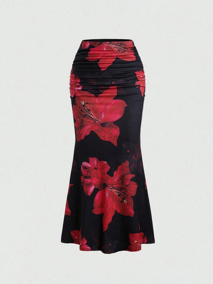 Sweetra Women's All-Over Floral Print Ruched A-Line Skirt, Casual Vacation Maxi Skirt Fall Cloth For Women