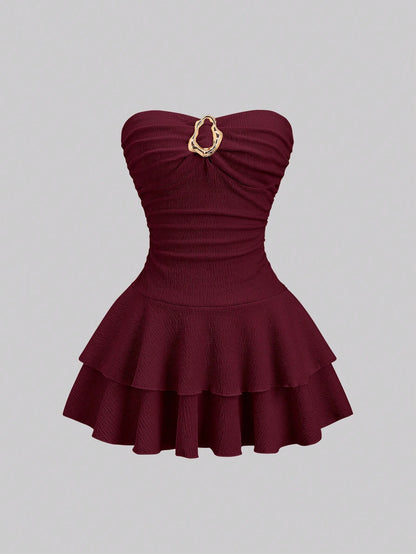 Sweetra Women's Elegant Strapless Double-Layer Mini Dress