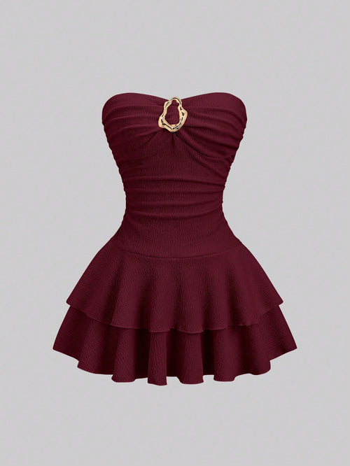 Sweetra Women's Elegant Strapless Double-Layer Mini Dress