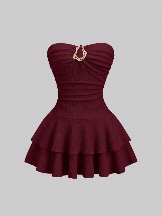 Sweetra Women's Elegant Strapless Double-Layer Mini Dress
