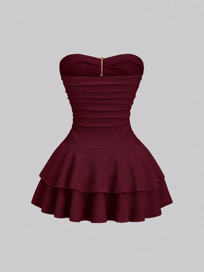 Sweetra Women's Elegant Strapless Double-Layer Mini Dress