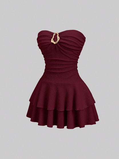 Sweetra Women's Elegant Strapless Double-Layer Mini Dress