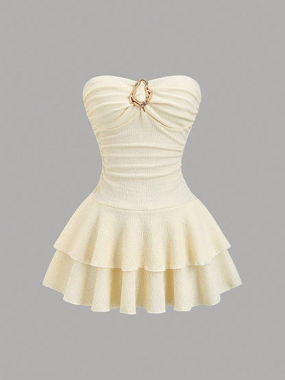 Sweetra Women's Elegant Strapless Double-Layer Mini Dress