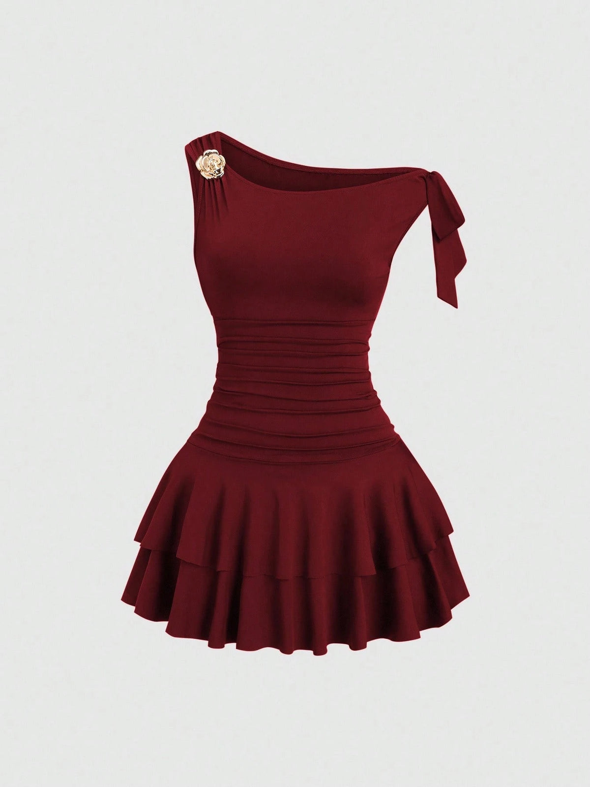 Sweetra Women's Metal Flower Decor Ruched Shoulder Ruched Hem Fashionable Dress
