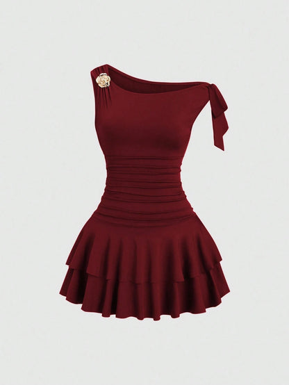 Sweetra Women's Metal Flower Decor Ruched Shoulder Ruched Hem Fashionable Dress