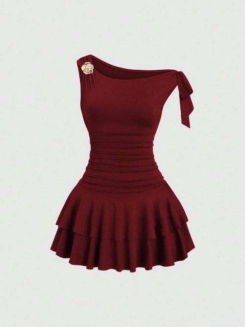 Sweetra Women's Metal Flower Decor Ruched Shoulder Ruched Hem Fashionable Dress