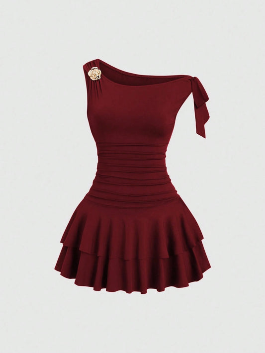 Sweetra Women's Metal Flower Decor Ruched Shoulder Ruched Hem Fashionable Dress