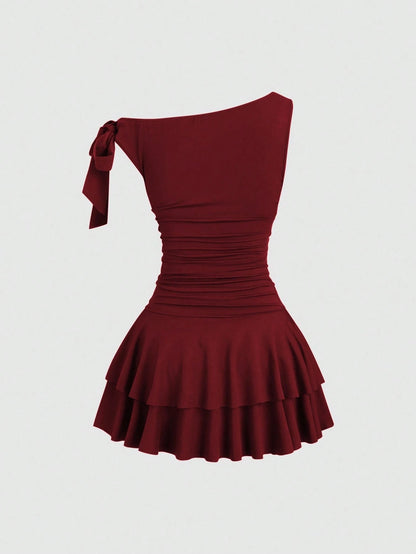 Sweetra Women's Metal Flower Decor Ruched Shoulder Ruched Hem Fashionable Dress