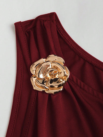Sweetra Women's Metal Flower Decor Ruched Shoulder Ruched Hem Fashionable Dress